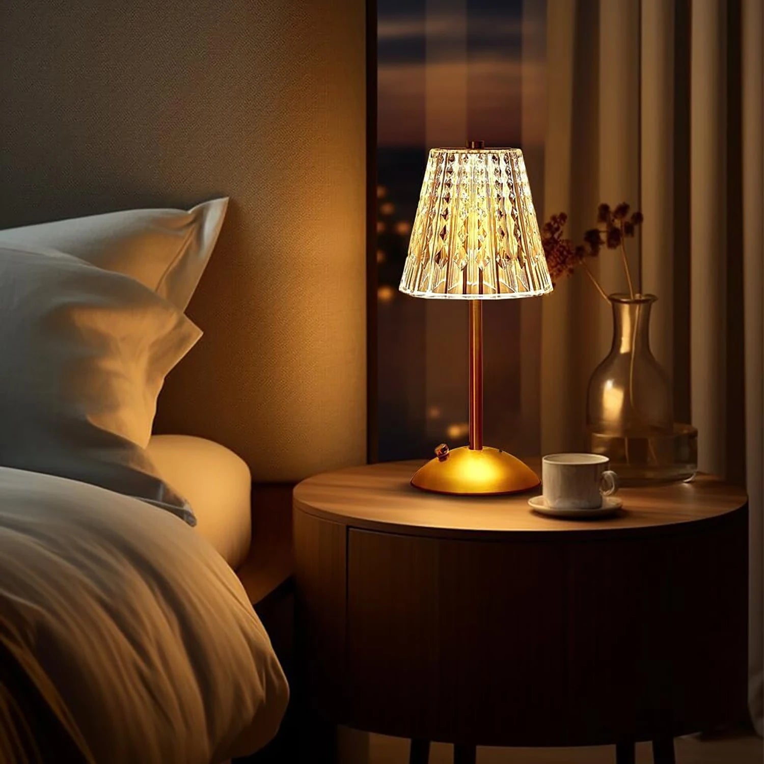 Champagne gold crystal table lamp with patterned shade and round gold base