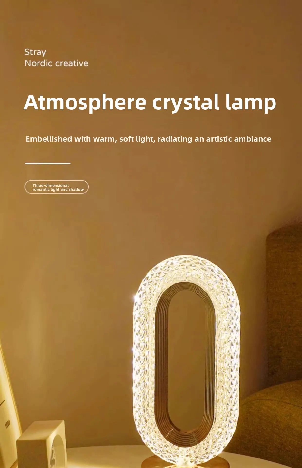 Pearl white crystal oval lamp with gold base, warm night light profile
