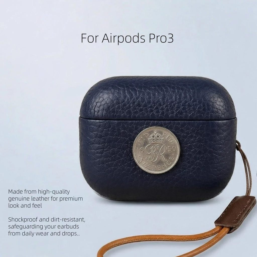Navy leather AirPods Pro 3 case with coin-style emblem and wrist strap
