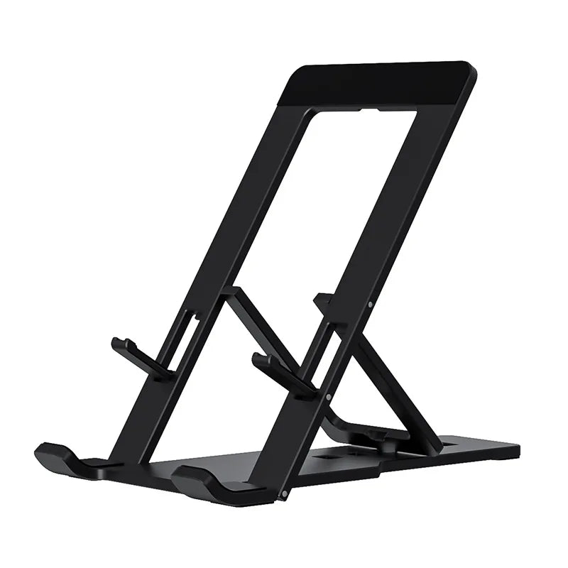 Adjustable aluminum stand in dark/black with support rails and anti-slip feet