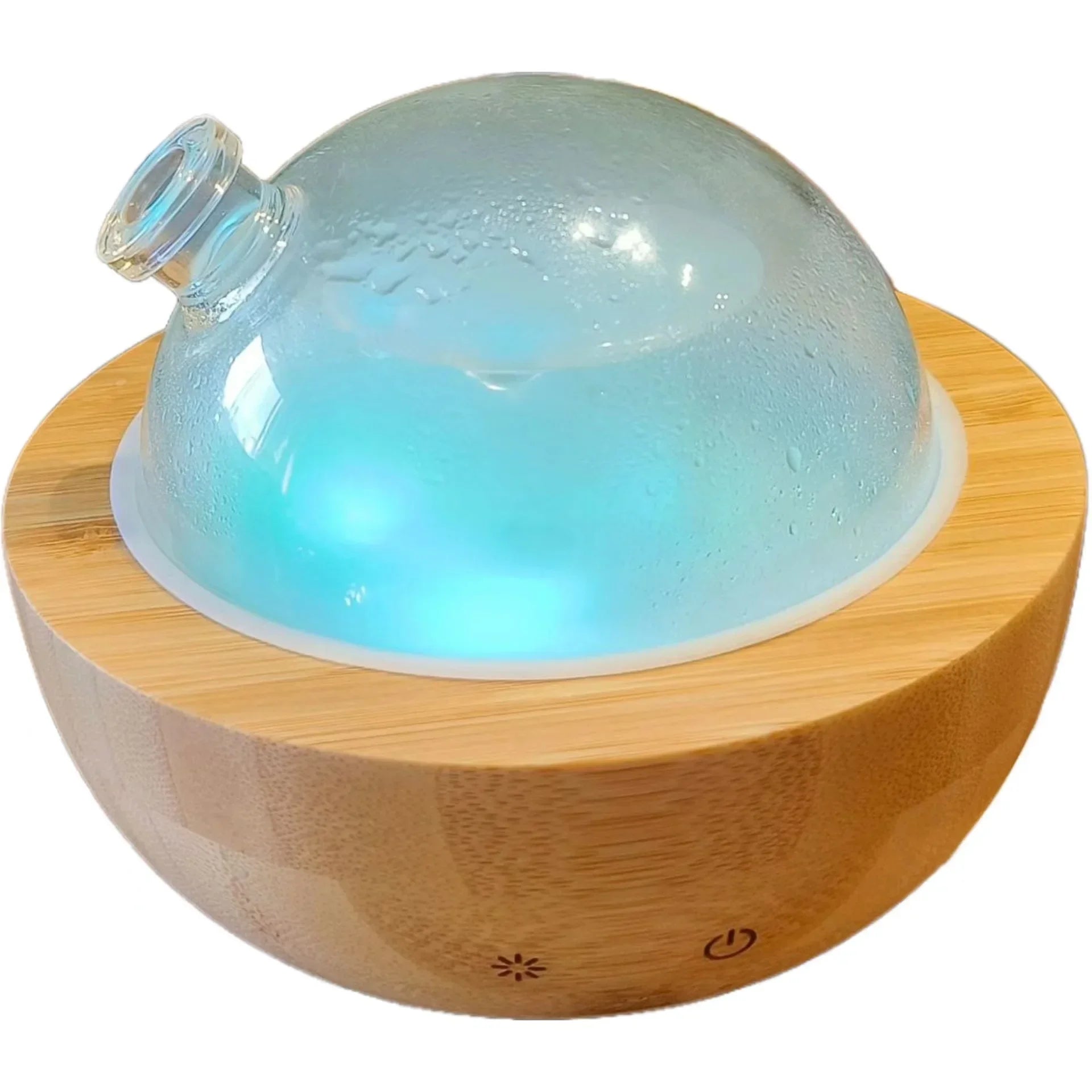 Luxe Glass Dome Aroma Diffuser 200ml close-up on light-blue glow and wooden base
