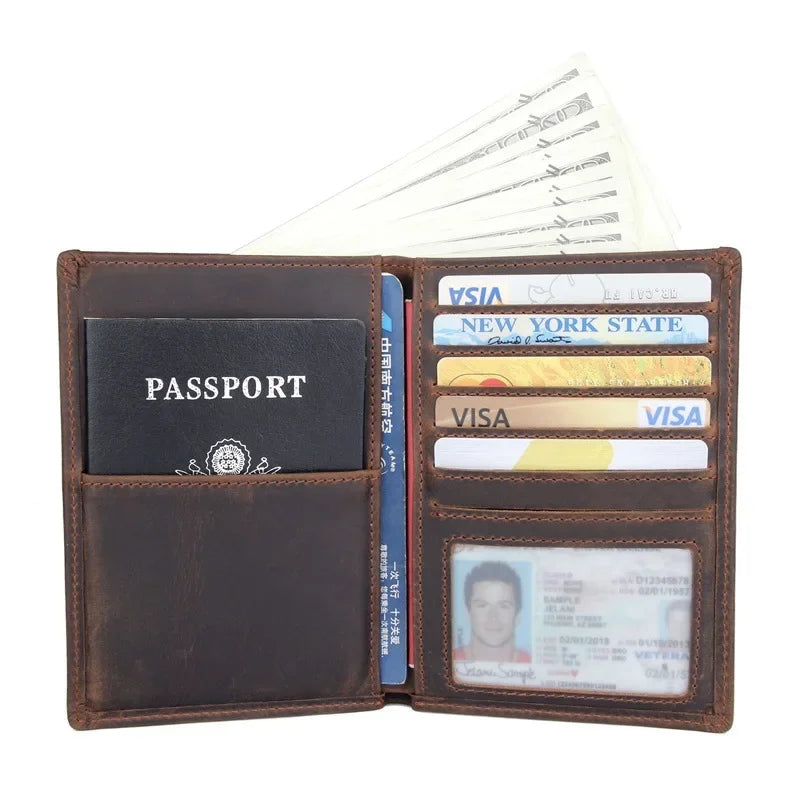 Cognac-brown travel document wallet open; passport cover and ID window slot