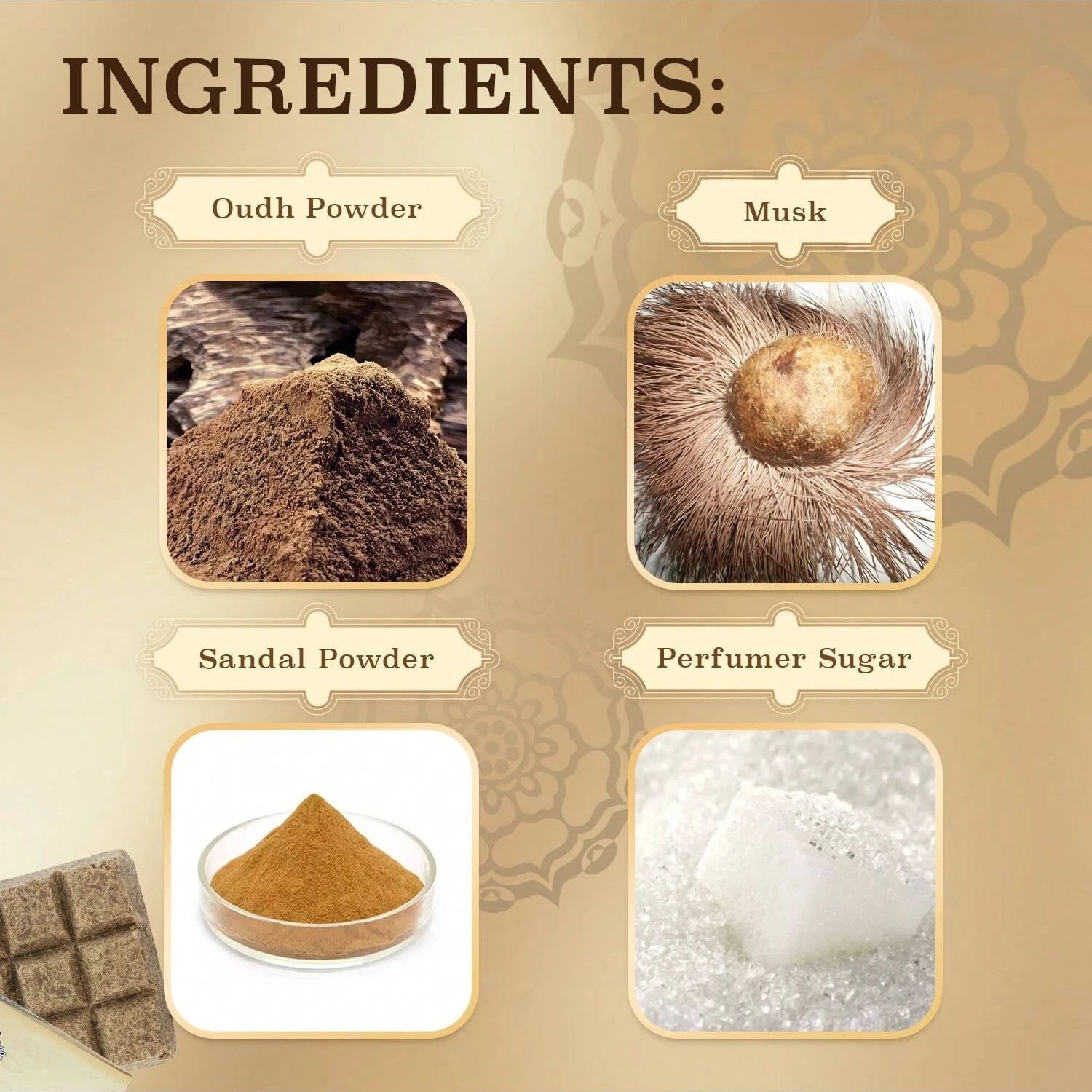 Bakhoor ingredient card with oud powder, sandal powder, musk and perfumer sugar