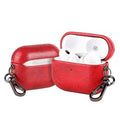 Bordeaux red metal keychain AirPods case with lid open and white earbuds inside