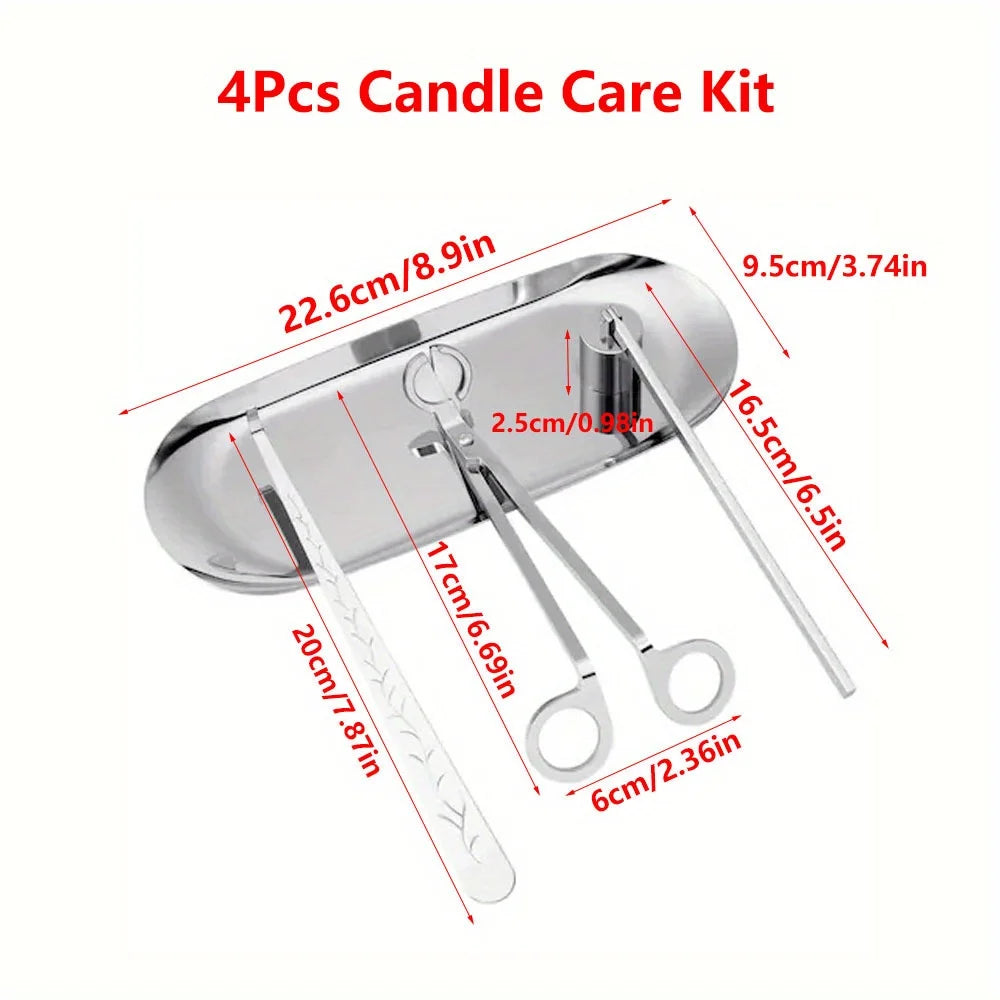Silver-toned stainless steel candle care kit with 4 tools on measuring layout