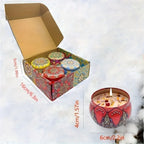 Relaxation scented candle tins with lids and one lit candle in a gift box