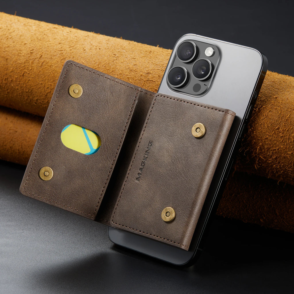 Dark brown slim leather wallet with card slots and snap buttons