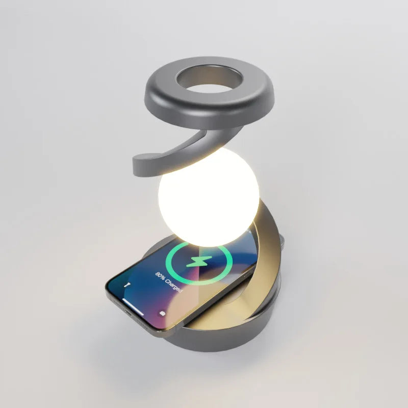 Gray wireless charging atmosphere lamp lighting a phone on the charging pad.