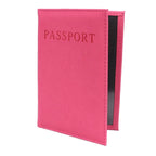 Pink rose passport sleeve with embossed “PASSPORT” and black interior panel