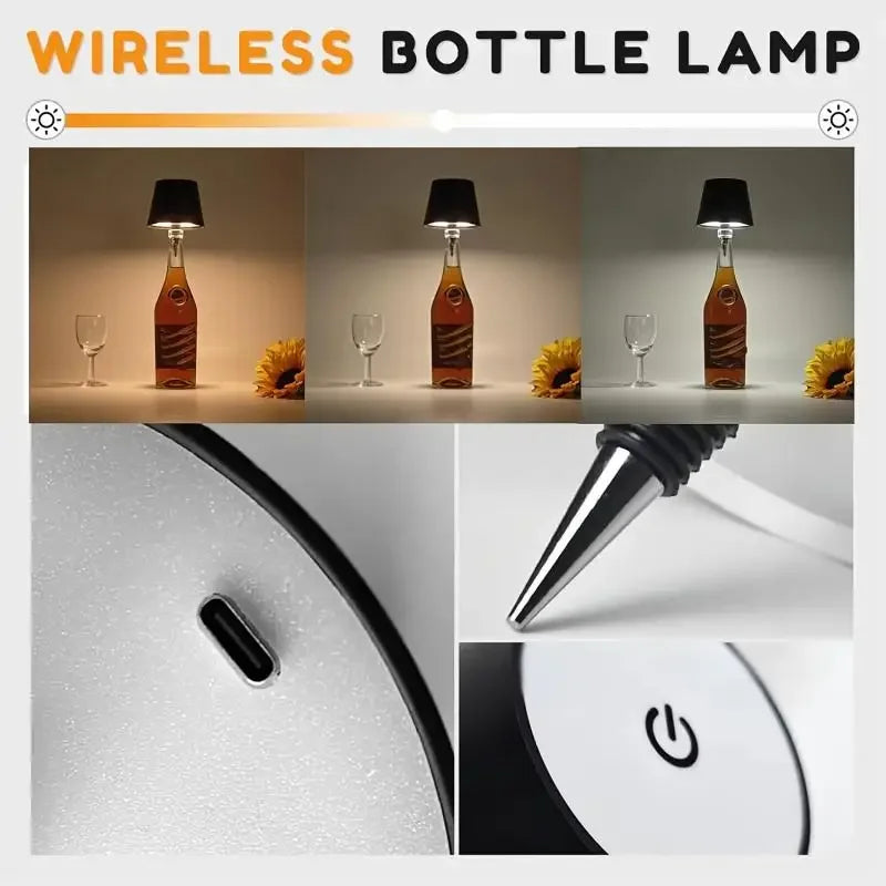 Wireless wine bottle LED lamp set with black lampshades and glowing bottle lights