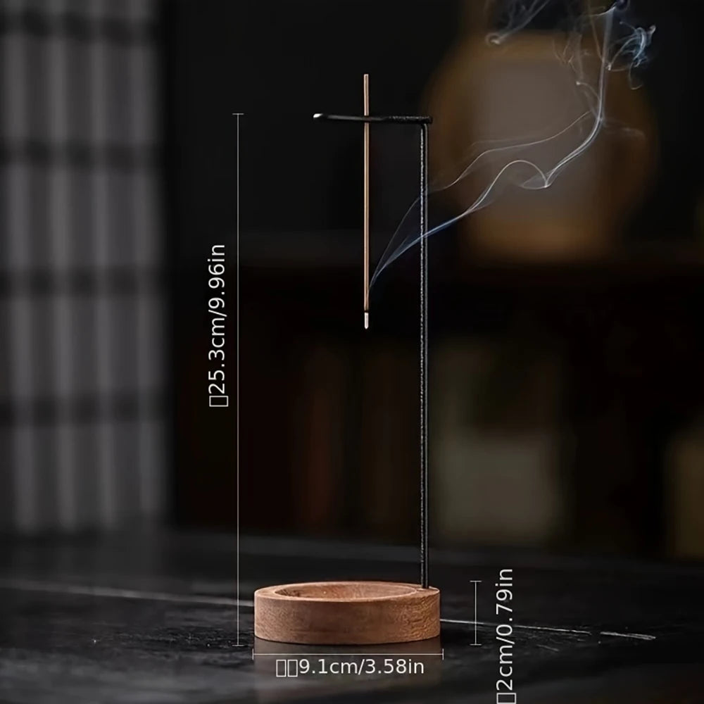 Inverted incense holder with 25.3 cm height above walnut base