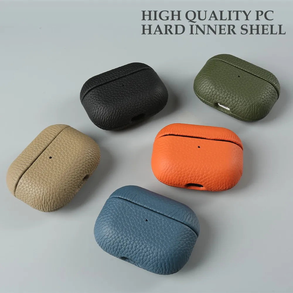 Cowhide leather AirPods cases in black, dark green, tan, and orange