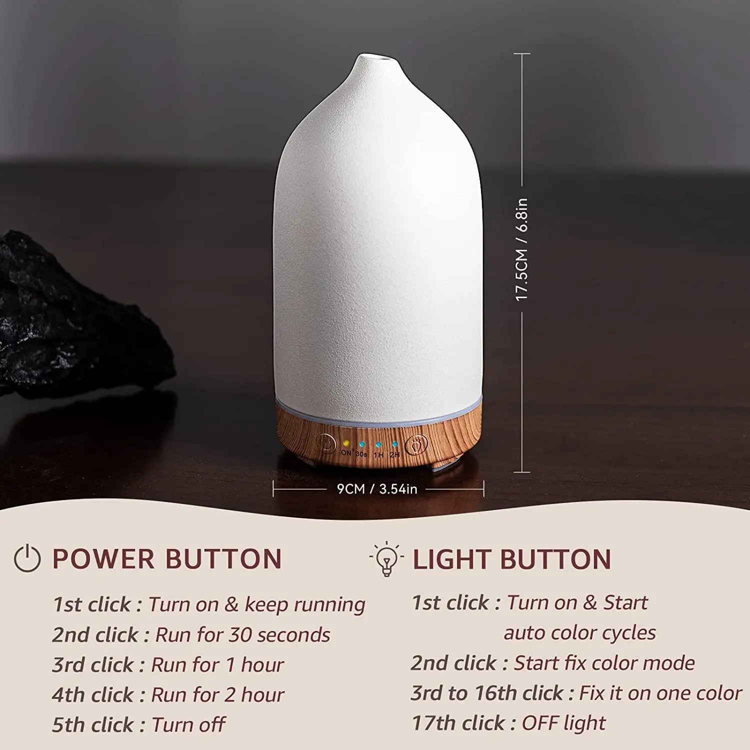Ivory white ceramic diffuser with light button and power button settings display