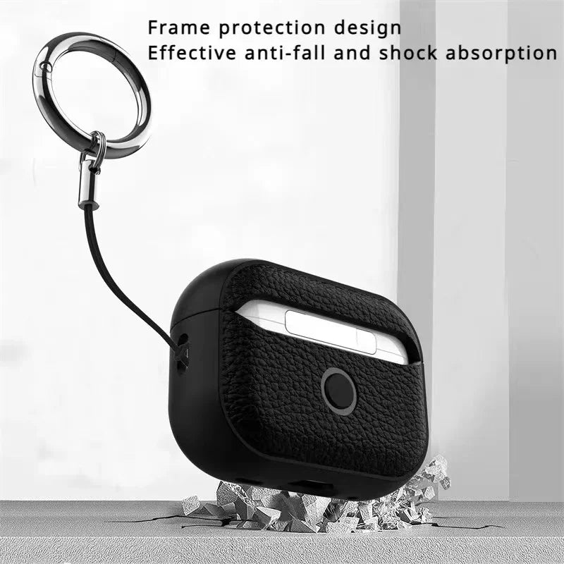 Black leather AirPods case with keyring and lanyard, top cutout and textured surface