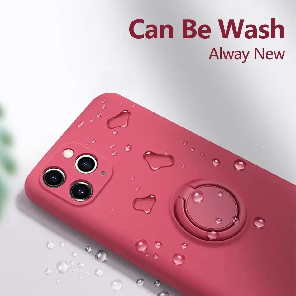 Pink silicone MagSafe phone case with raised ring stand and triple camera cutouts