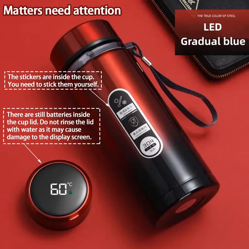 Red LED thermos flask with LED temperature display reading 60°C and wrist strap