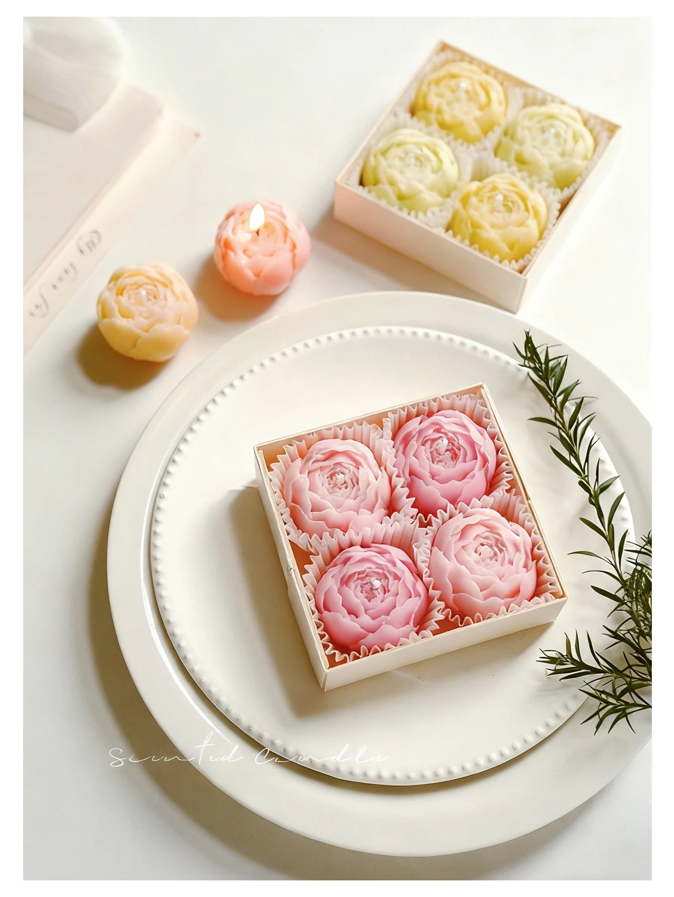 Pastel rose wax candle set in gift boxes: pink, white, yellow, and peach rose candles
