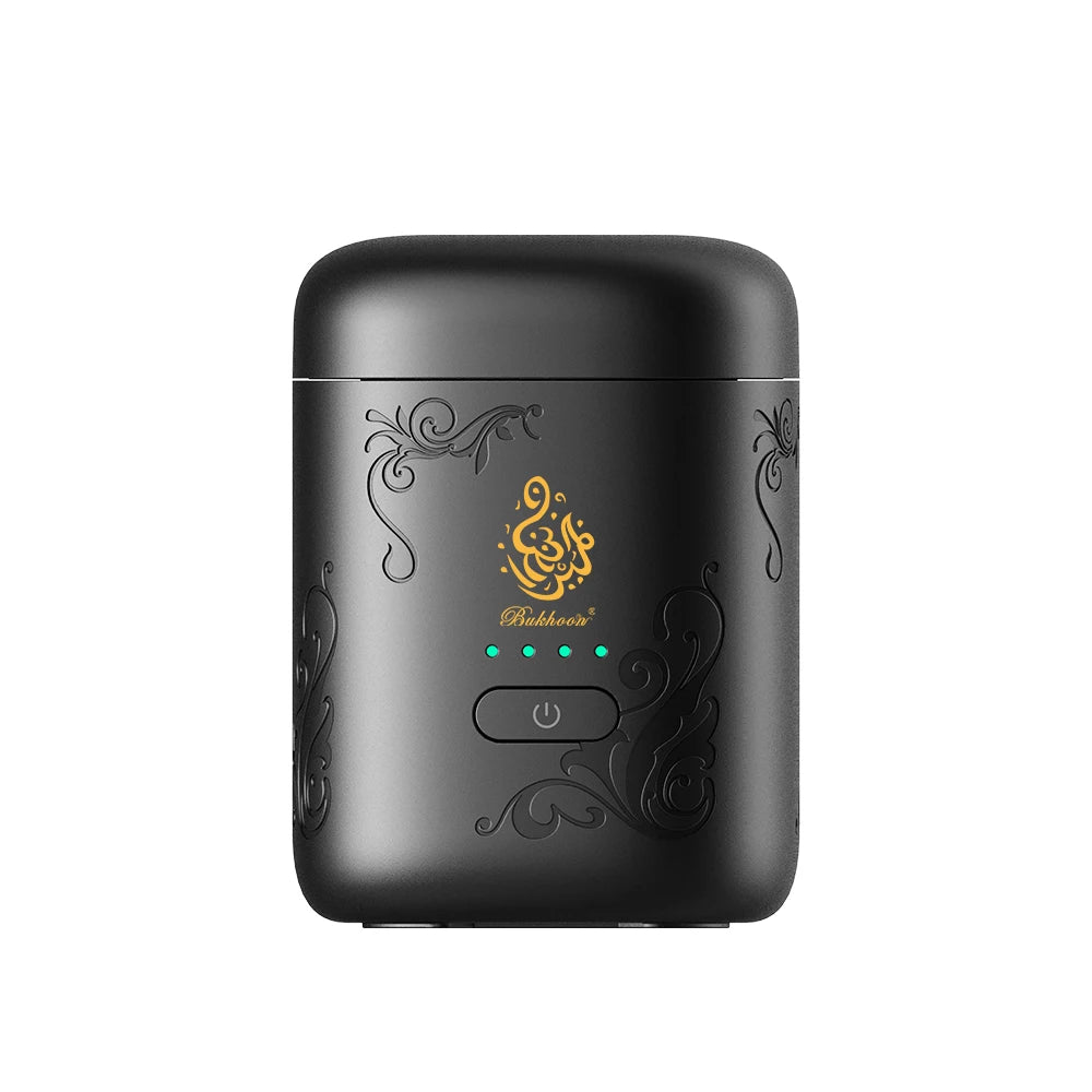 Black portable bakhoor burner side view with control icons and LED dots