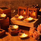 Scented candle favors with glowing wicks in heart-shaped wooden holders, set of candles