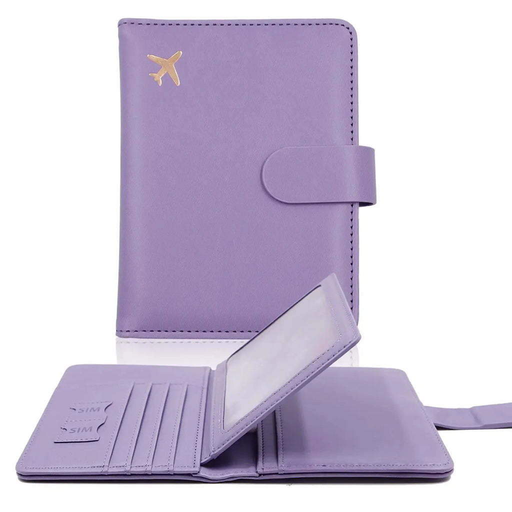 Dusty violet vegan leather passport cover with hasp clasp and airplane emblem