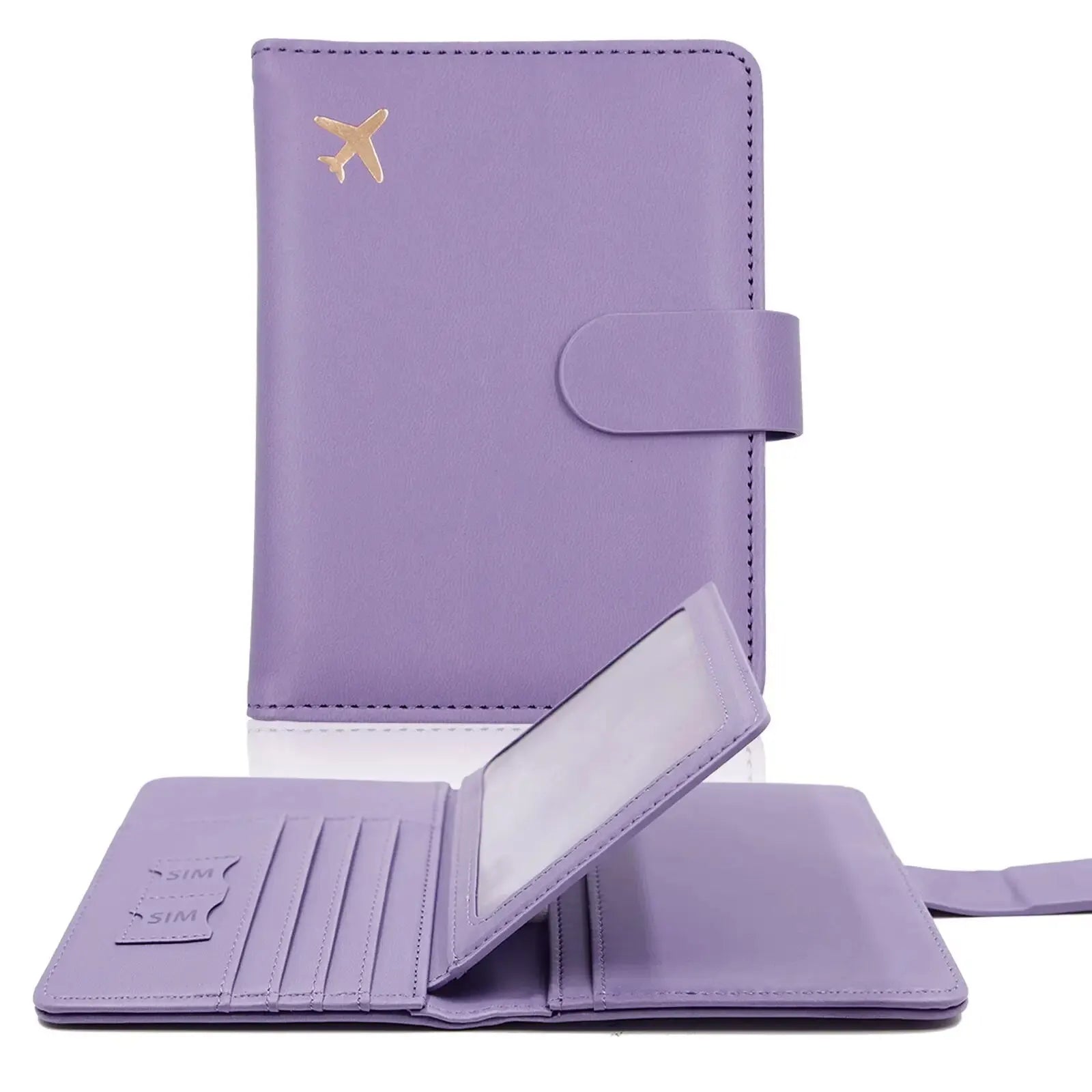 Dusty violet vegan leather passport cover with hasp clasp and airplane emblem