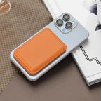 Magnetic stand wallet, orange faux leather with stitched border