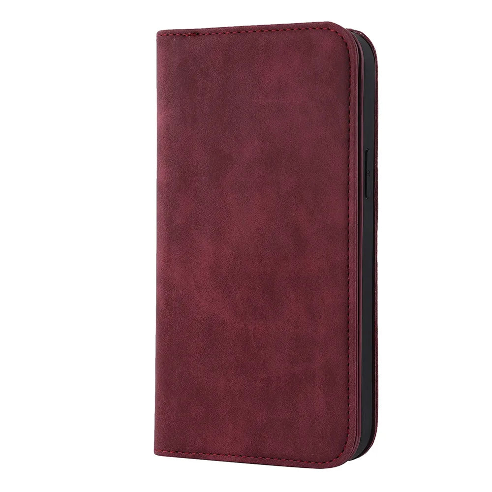 Burgundy MagSafe flip wallet case with textured finish, closed