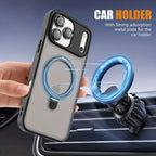 Matte MagSafe phone case with ring holder, gray finish, camera cutouts and car mount use