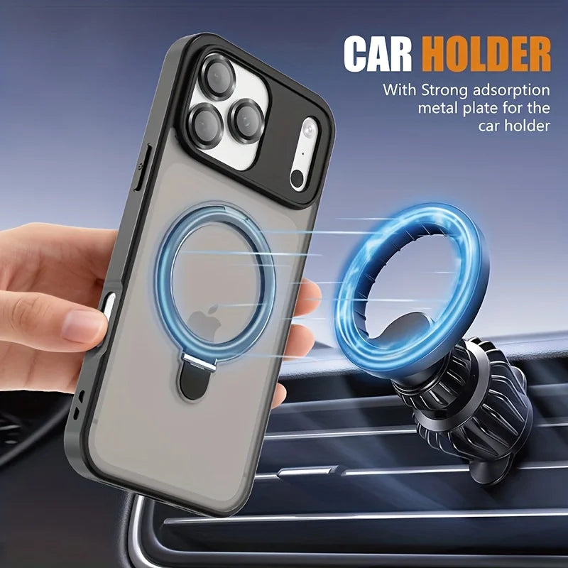 Matte MagSafe phone case with ring holder, gray finish, camera cutouts and car mount use