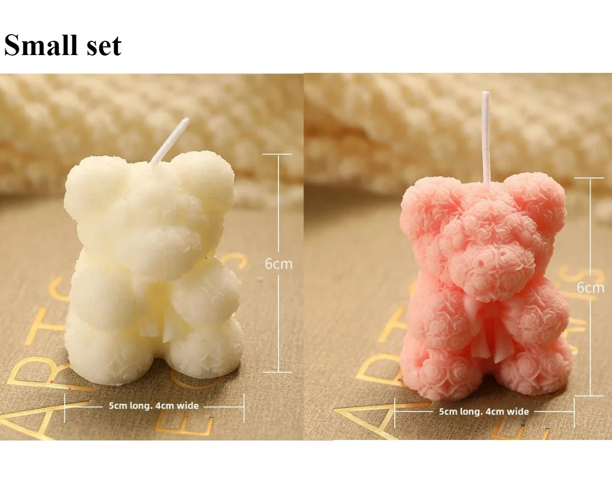 Small set candles: white bear with wick and pink bear with wick, labeled sizes