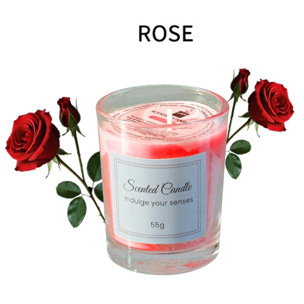 Rose scented candle in clear glass jar with pink wax, 55g
