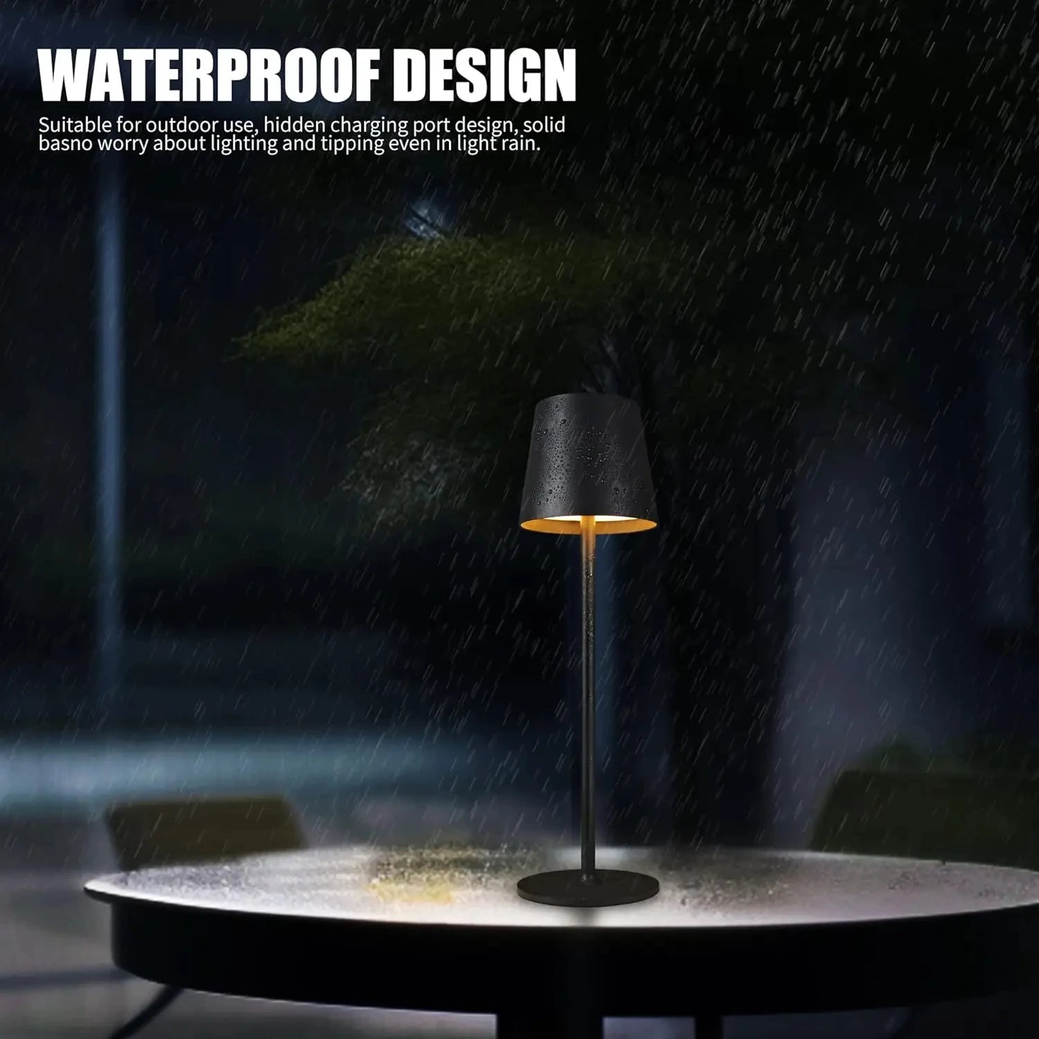 Black wireless touch outdoor table lamp with fabric shade and bronze light
