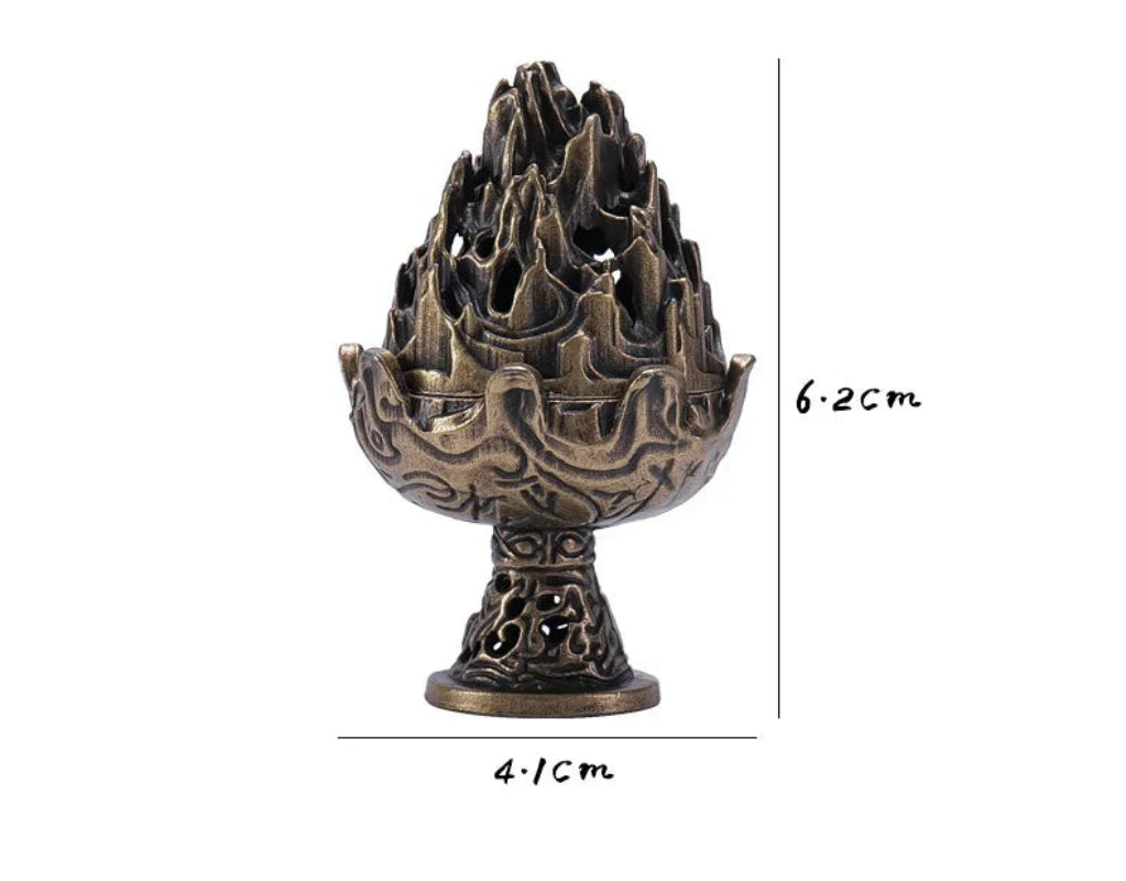 Boshan incense burner with measurement view, bronze-and-gold sculpted top on pedestal.