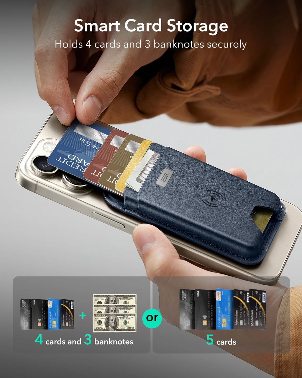 Blaues Karten-Etui im Wallet-Style, Kreditkarten und Banknoten im Fach