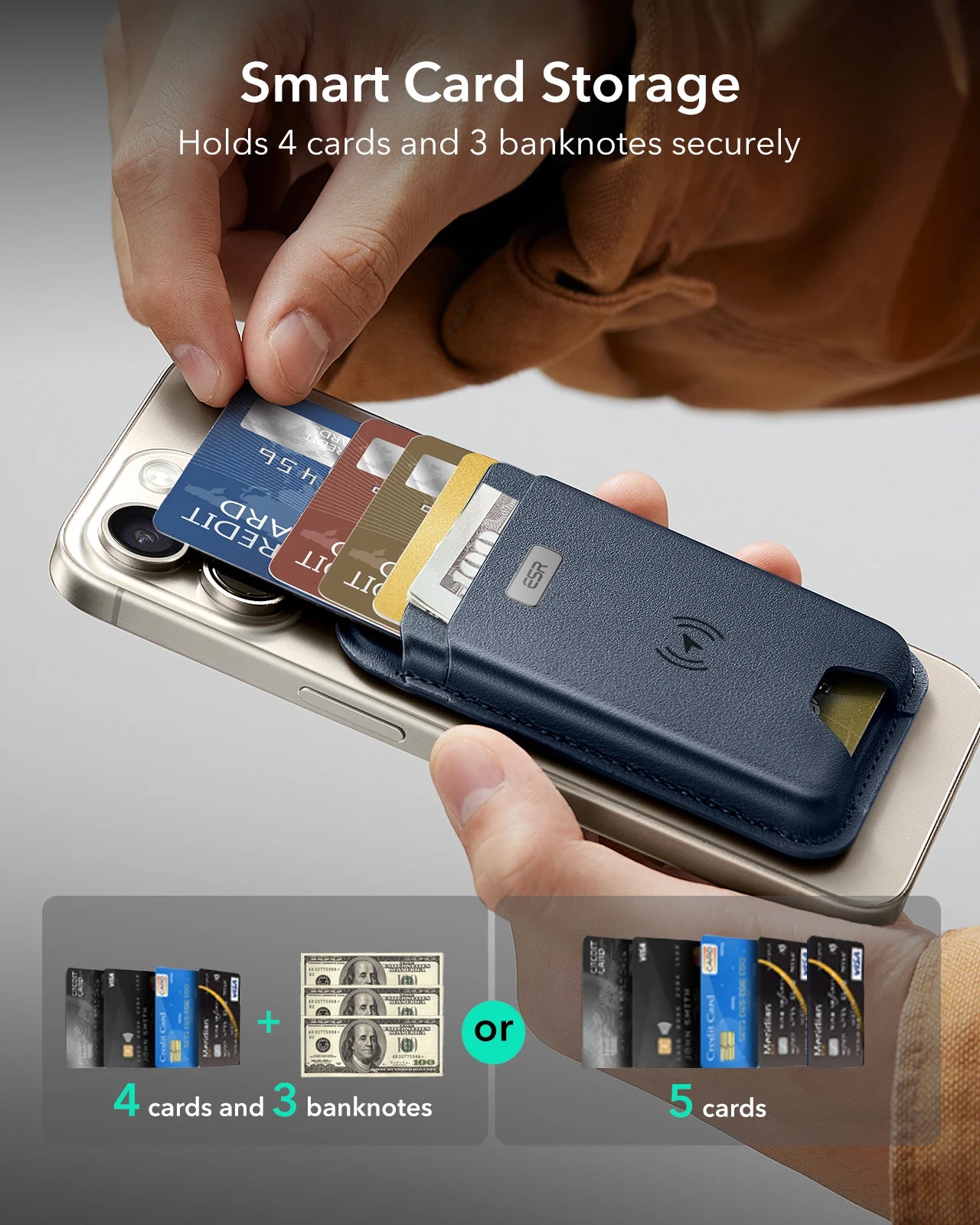 Blaues Karten-Etui im Wallet-Style, Kreditkarten und Banknoten im Fach