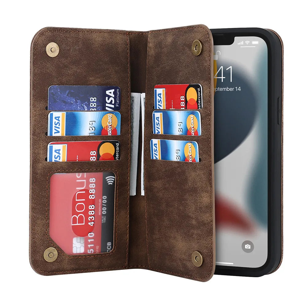 Brown open phone wallet with card slots and phone screen in view
