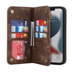 Brown open phone wallet with card slots and phone screen in view