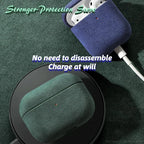 Italian suede AirPods case, Sapphire Blue, open for charging with cable connected