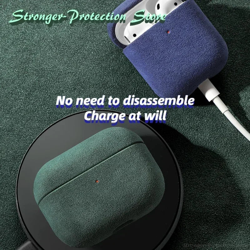 Italian suede AirPods case, Sapphire Blue, open for charging with cable connected