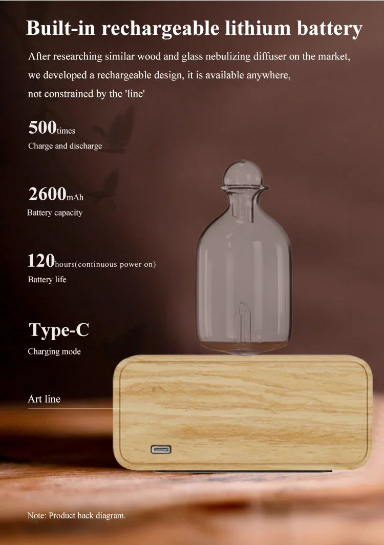 Rechargeable aroma diffuser with clear glass bottle on light wood base, Type-C port