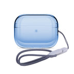 Clear shield AirPods case in translucent blue with protective shell and wrist strap