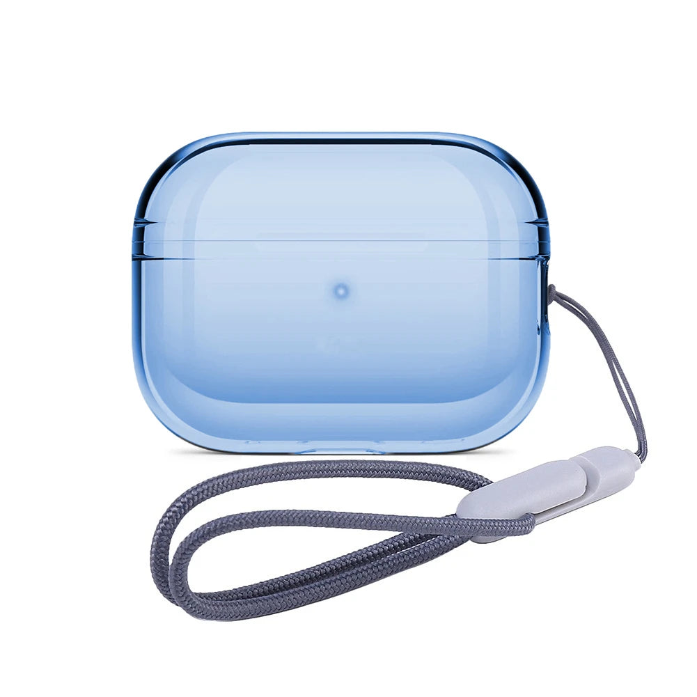 Clear shield AirPods case in translucent blue with protective shell and wrist strap
