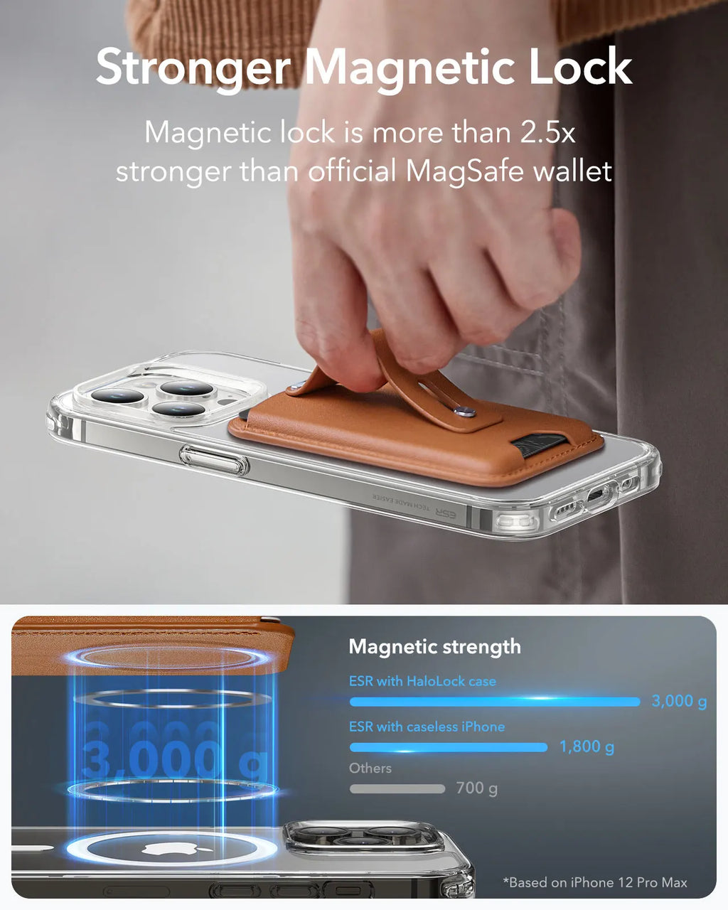 Brown wallet-style card holder case with magnetic closure and finger loop