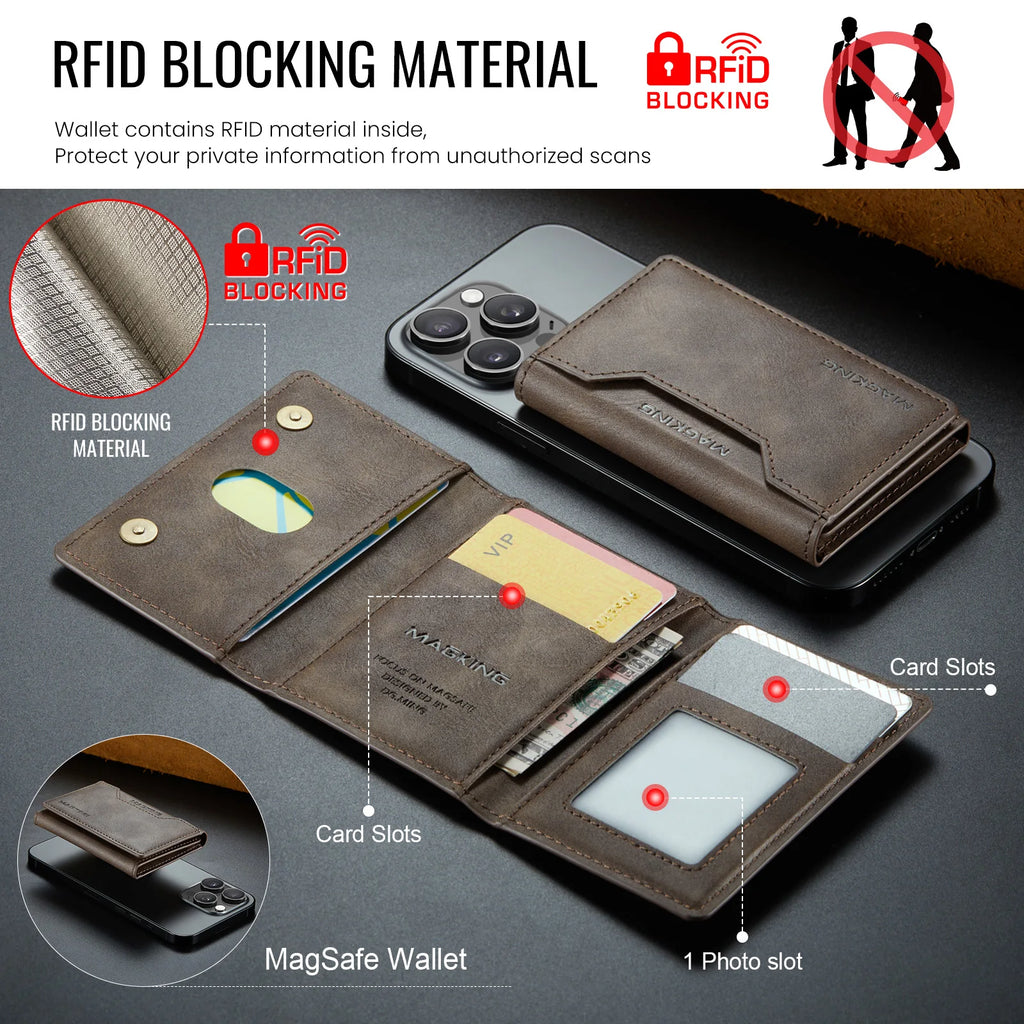 Slim leather wallet, brown, open view with card slots and coin pocket.