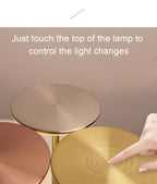 Touch sensor cordless reading lamp with round top and base; hand about to tap to control light