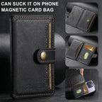 Dark leather MagSafe phone wallet with card holders and round magnetic snap button