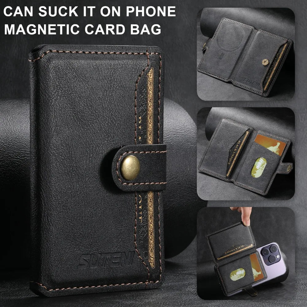Dark leather MagSafe phone wallet with card holders and round magnetic snap button