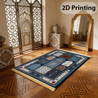 Islamic-style prayer mat laid flat, blue geometric mihrab design with beige fringe