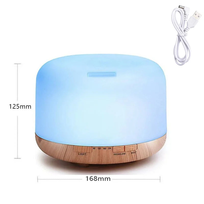 Blue-lit aroma diffuser with wood base and front control ring