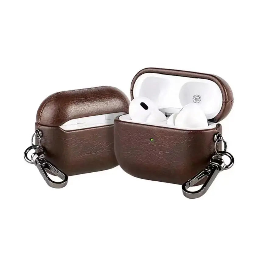 Dark roast brown metal keychain AirPods case with lid open and white earbuds inside